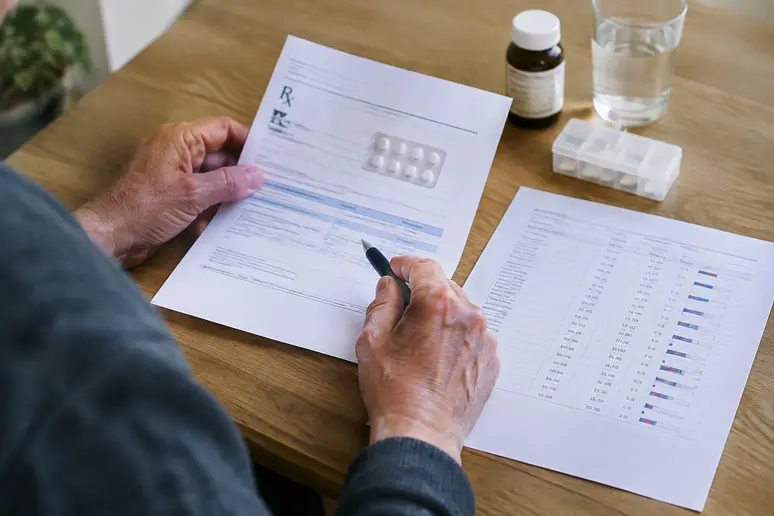 Mains consultant une ordonnance d'anticoagulant et des résultats biologiques avant le rendez-vous médical.