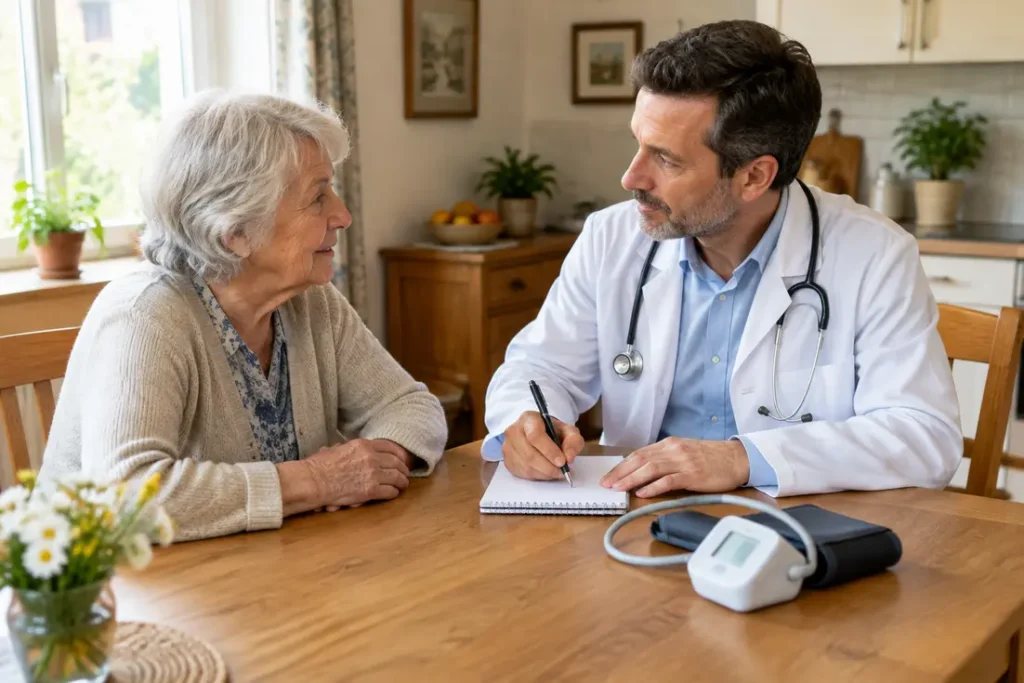 Un médecin généraliste consulte un patient à domicile avec un score has bled évalué sur papier