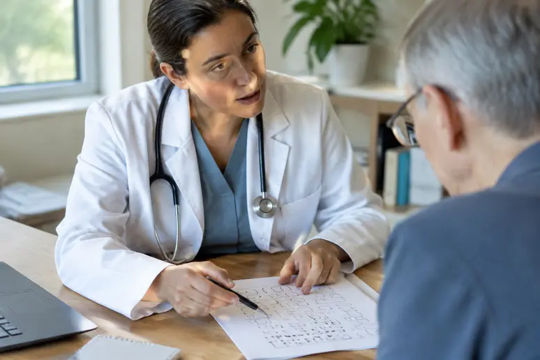 Médecin et patient discutant des résultats du test des 5 mots de dubois en consultation
