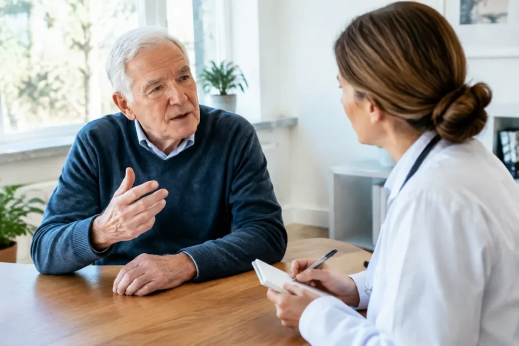 Un médecin et un patient lors d'une consultation médicale avec le test des 5 mots de dubois